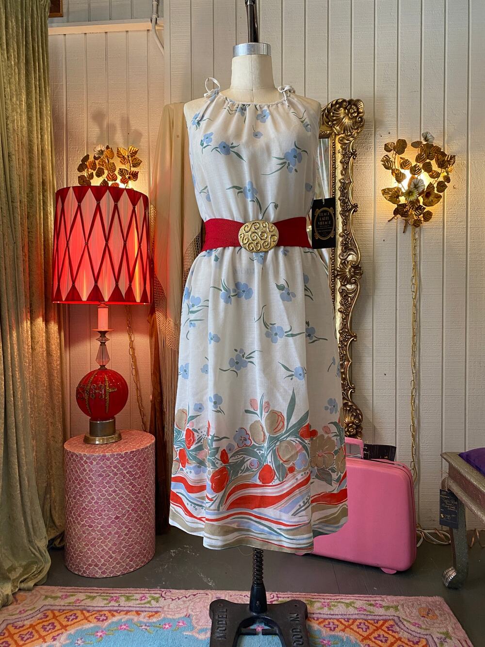 vintage 1970s floral sundress, blouson dress, 70s fashion, tie shoulder, med